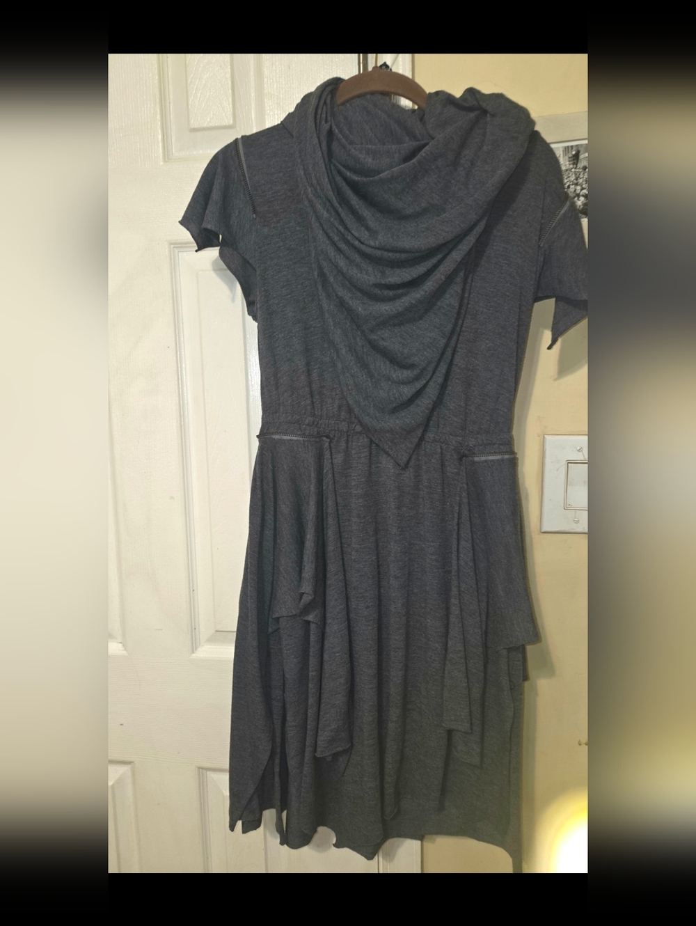 Asymmetrical Draped Midi Dress in Charcoal Gray